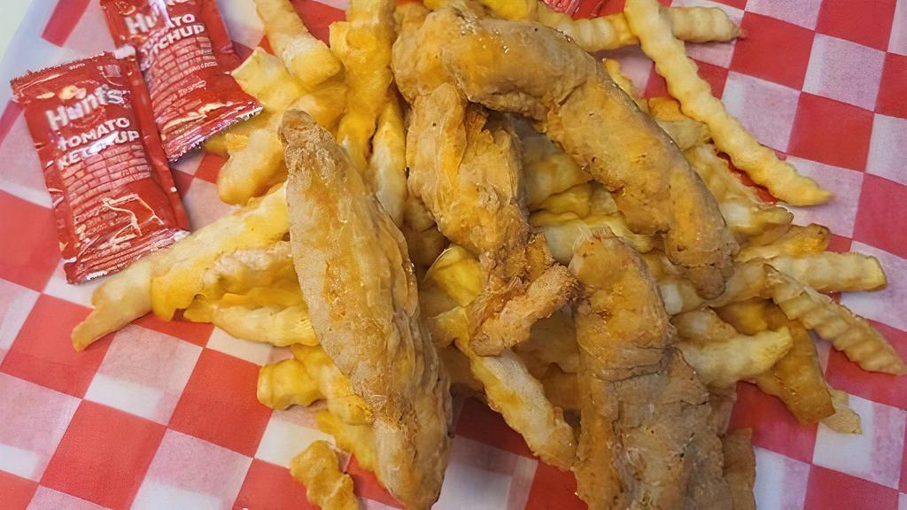 Breaded Chicken Strips And Fries · Breaded Chicken Strips and  Large Fries. Description: Breaded Chicken Strips and Fries served with your choice of BBQ Sauce, Honey Mustard or Ranch.