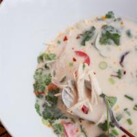 Thai Coconut Soup · Rich coconut milk broth with chicken, shiitake mushrooms and cherry tomatoes. Broth infused ...