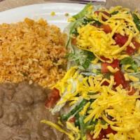 #16 Chalupa Plate · (2) Chalupas (beef, chicken or cheese), served with Rice and Refried Beans.
