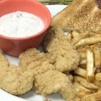 Three-Piece Kids' Chicken Strips · Served with French Fries and Texas Toast.