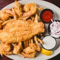 Seafood Platter · Shrimp, oysters and fish filets, served on house-cut fries.