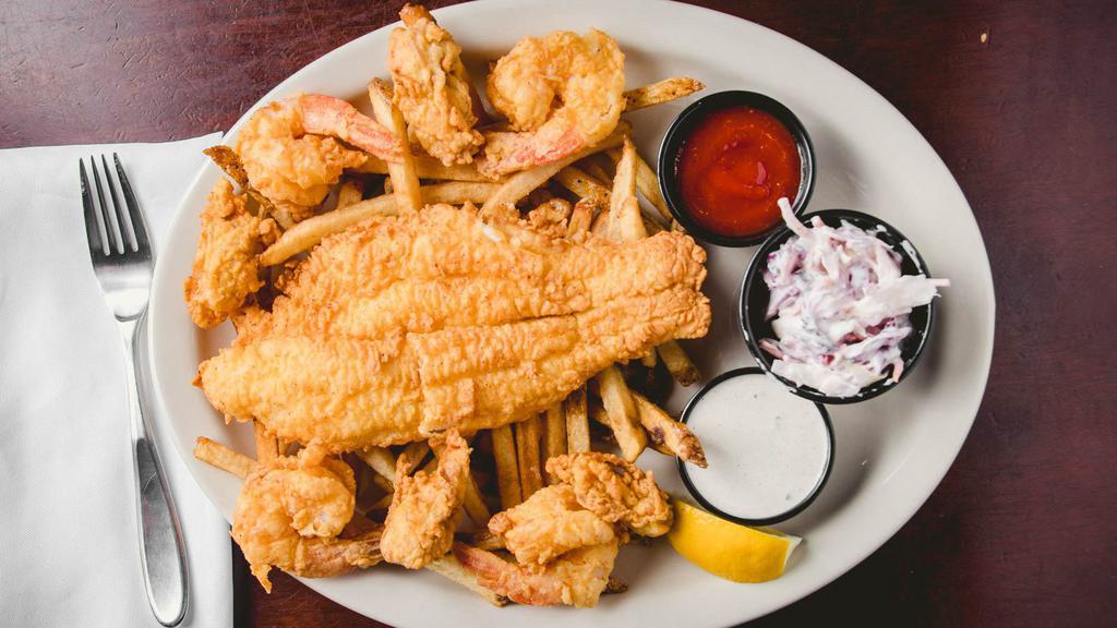 Seafood Platter · Shrimp, oysters and fish filets, served on house-cut fries.