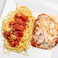 Parmesan Chicken · Breaded chicken topped with tomato sauce and melted mozzarella cheese, served with spaghetti...