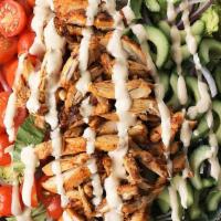 Shawarma Salad Bowl · chicken or beef or gyro, Arabic salad, sauce.