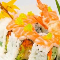 Red Dragon Roll · Spicy salmon inside. Topped with tuna, avocado, and shrimp.