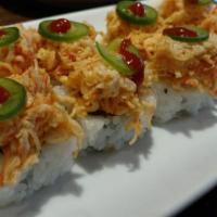 Panic · Spicy tuna cucumber inside topped with spicy crabmeat and fresh jalapeño and hot sauce.