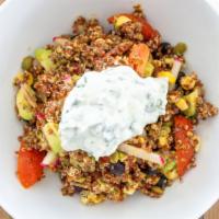 Spanish Quinoa · Red quinoa, avocado, pumpkin seeds, black beans, radish, salsa, cilantro-lime yogurt, add an...
