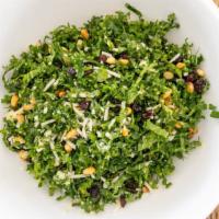 Kale Salad · Finely chopped kale, toasted pine nuts currants, grana parmesan, cucumber lemon vinaigrette.