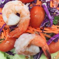 Shrimp Salad · Steamed shrimp, mixed greens, tomatoes, carrots and cucumbers in a Thai lime vinaigrette dre...