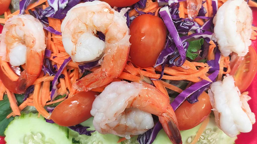 Shrimp Salad · Steamed shrimp, mixed greens, tomatoes, carrots and cucumbers in a Thai lime vinaigrette dressing. Gluten free.