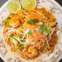 Pad Thai · Stir-fried thin rice noodles, egg, scallions, bean sprouts and crushed peanuts in sweet tama...