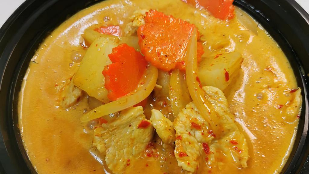 Yellow Curry · Yellow curry with potatoes, onions, carrots and coconut milk. 'No spicy' will still be mild spiciness due to the curry paste, however no dry Thai chili will be added to the dish. Spicy, Gluten free.