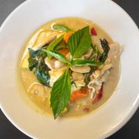 Green Curry · Green curry with bamboo shoots, zucchini, carrots, bell peppers, basil and coconut milk. No ...