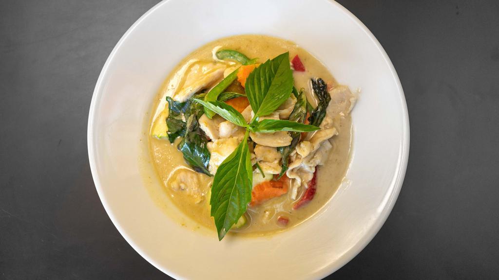 Green Curry · Green curry with bamboo shoots, zucchini, carrots, bell peppers, basil and coconut milk. No spicy will still be mild spiciness due to the curry paste, however no dry Thai chili will be added to the dish. Spicy, Gluten free.
