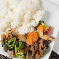 Ka Pow · Thai basil. Your choice of meat, stir-fried with thai basil, bamboo, broccoli, bell pepper, ...