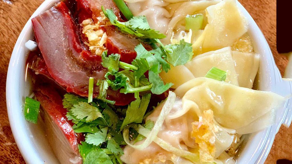 Bbq Pork Wonton Egg Noodle Soup · Marinated ground pork wrapped with wonton wrapper, bean sprout, scallion and cilantro, bbq pork, and egg noodles, in chicken broth. Finish with fried garlic oil.