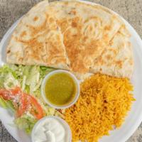 Quesadilla Plate · 1 chicken, beef, pastor, barbacoa or cactus quesadilla, served with rice and beans.