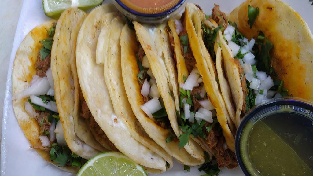 Quesatacos No Consome · Cheese tacos with the meat of your poreference
steak
pastor
chicharron
barbacoa
birria
all tacos served with onion and cilantro.