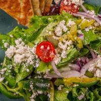 Greek Salad · green leaf lettuce | romaine | cherry tomato | red onion | cucumber | Kalamata olives | bell...