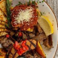 Moussaka · ground beef | potato | eggplant | topped with béchamel | Greek tomato sauce | parmigiana