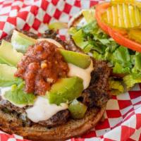 The Pedro · 1/3 lb, Ground Beef mixed with bell peppers & red onions, topped with queso, salsa, & avocado.