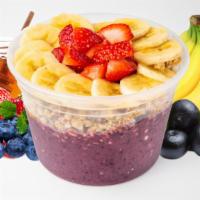 Berry Celestial · Organic acai, strawberries, blueberries, banana, 100% apple juice, honey. Toppings: hempseed...