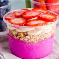 Nutty Pitaya · Organic pitaya, almond butter, strawberries, banana, housemade cashew milk, honey. Toppings:...