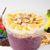 Mighty Bowl · Organic acai, flaxseed, peanut butter, honey, banana, strawberries, blueberries, 100%apple j...