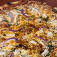 Bbq Chicken Pizza · Starts with our own marmalade BBQ sauce, topped with garlic-roasted chicken, red onions and ...