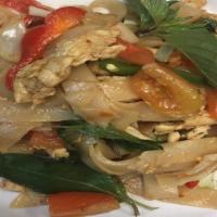 Kee Mao Noodle · Flat rice noodle pan fried with your choice of beef or chicken, chili, bell pepper, basil le...