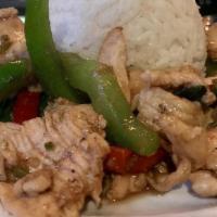 Chili With Holy Basil (Pad Krapow) · Choice of chicken, beef, or pork sautéed with crushed chili, garlic, holy basil and bell pep...