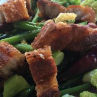 Chinese Broccoli Crispy Pork · Chinese broccoli and fried pork belly stir fried in oyster sauce.