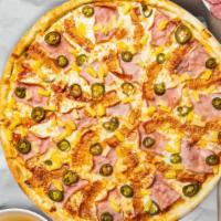 Hot Shot Hawaiian Pizza · Fresh pineapples, ham, mozzarella, and spicy jalapenos baked on a hand-tossed dough