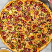 Pepperoni & Mushroom Patrol Pizza · Pepperoni, mushrooms, mozzarella, marinara, chopped garlic, fresh basil, and extra virgin ol...