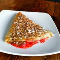 Nutella & Strawberry Crepe · Includes: nutella, strawberry, nuts, whipped cream, lechera. Best seller.