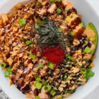 Spicy Ahi Bowl · Spicy tuna, crab, avocado, seaweed salad, furikaki, red tobiko, scallion, nori, fried onion ...