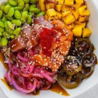 Big Kahuna Bowl · Salmon, tuna, pickled onion, masago, mango, edamame pods, pickled jalapeño, eel sauce, ponzu...