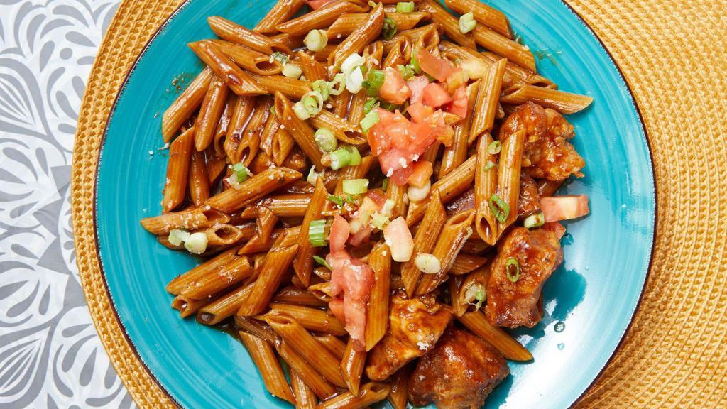 Cajun Chicken & Penne · Cajun chicken, tomatoes, scallions, and a red wine sauce over whole wheat pasta. 650-710 cal.