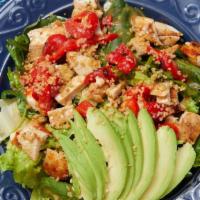 Kale & Quinoa Salad · Chicken, quinoa, roasted red peppers, avocado, Asian sesame ginger dressing on a power blend...
