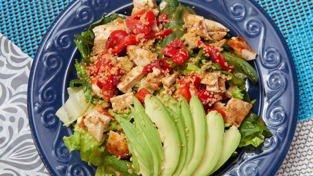Kale & Quinoa Salad · Chicken, quinoa, roasted red peppers, avocado, Asian sesame ginger dressing on a power blend of romaine, spinach and baby kale.