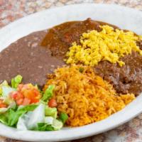 2 Plate · Two cheese enchiladas with chile con carne. Served with Spanish rice and refried beans.

*En...