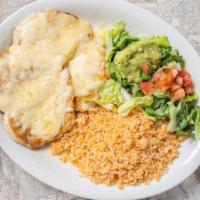 Pollo En Salsa · Two grilled chicken breasts topped with your choice of salsas and Chihuahua cheese. Served w...