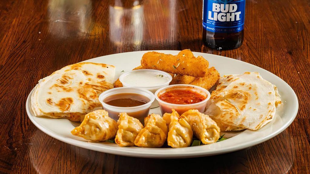 Sampler Platter (4) · Choose from our Most Popular Appetizers; Pot Stickers, Back 9 Fries, Fried Pickles, Southwest Egg rolls, Mozzarella Sticks, Cheese Quesadillas.