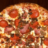 Meat Lovers Extravaganza · Pepperoni, Sausage, Canadian Bacon, Beef and Bacon.