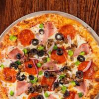 Supreme Pizza · Pepperoni, Hamburger, Sausage, Canadian Bacon, Onions, Bell Pepper & Black Olives.