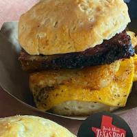 Two Brisket Biscuits With Hashbrown  · Two Wagyu brisket, hashbrown egg, cheese on a fresh baked biscuit