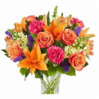 Vibrant Floral · All-around arrangement with orange roses, Asiatic lilies and Peruvian lilies (alstroemeria),...
