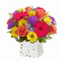 Bright Bouquet · All-around arrangement with orange roses, pink Gerbera daisies, yellow daisy poms, purple ca...