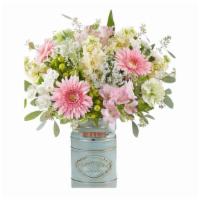 Charming Blush Bouquet · All-around arrangement with pink Gerbera daisies and Peruvian lilies (alstroemeria), lime gr...