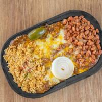 Our Famous Chili-Cheese Enchiladas(3) With Beans & Rice · 